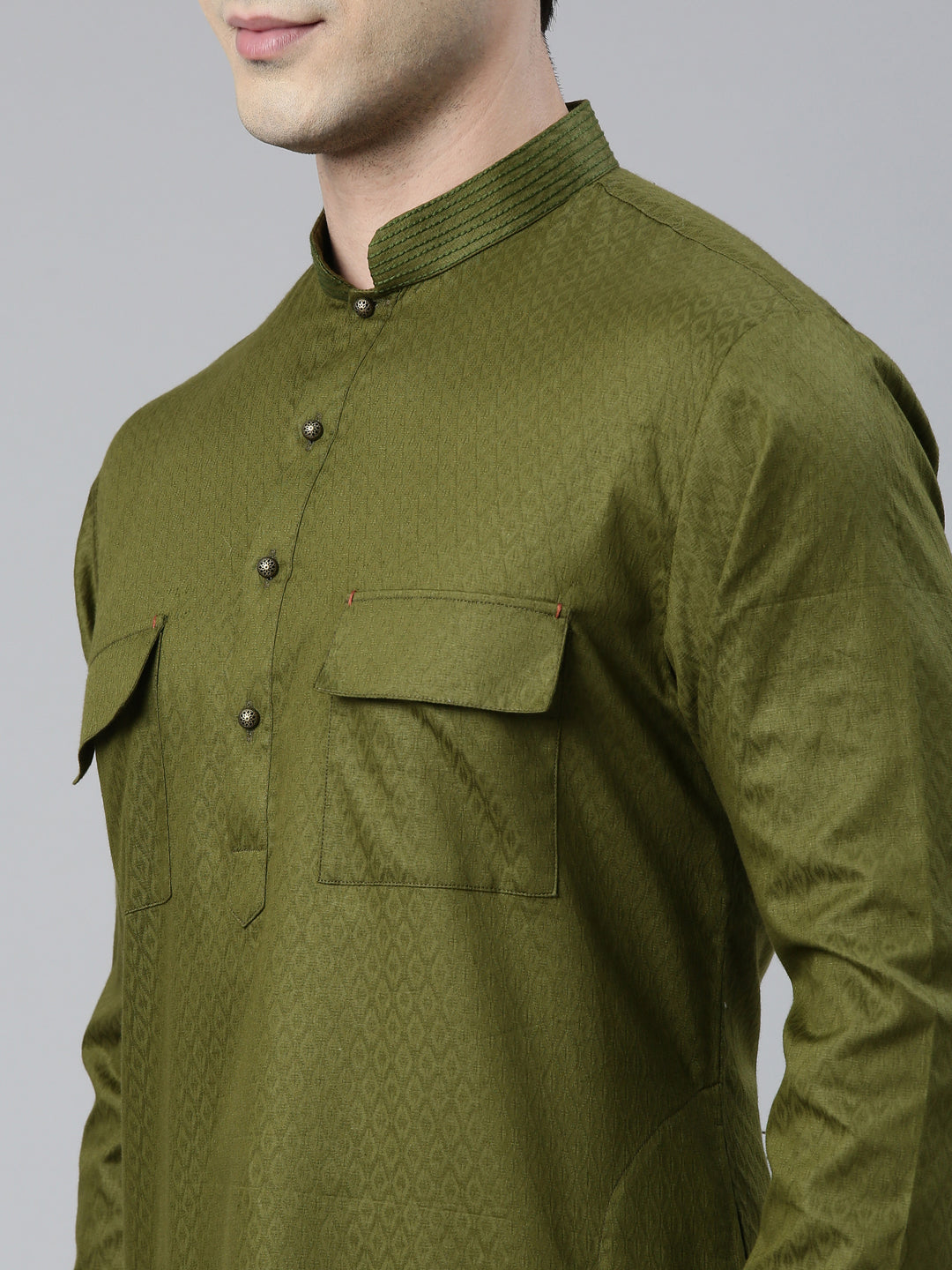 Green Cotton Pathani Kurta Set with Patch Pocket