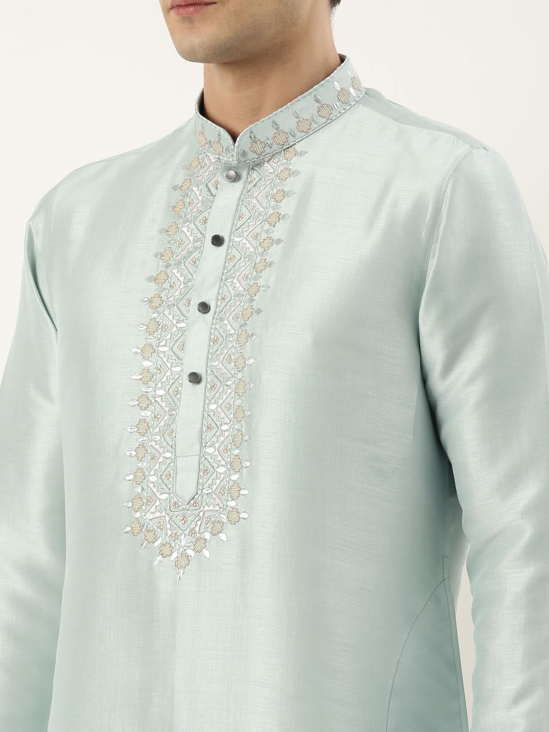 Aqua green Silk Embroidered Kurta Set