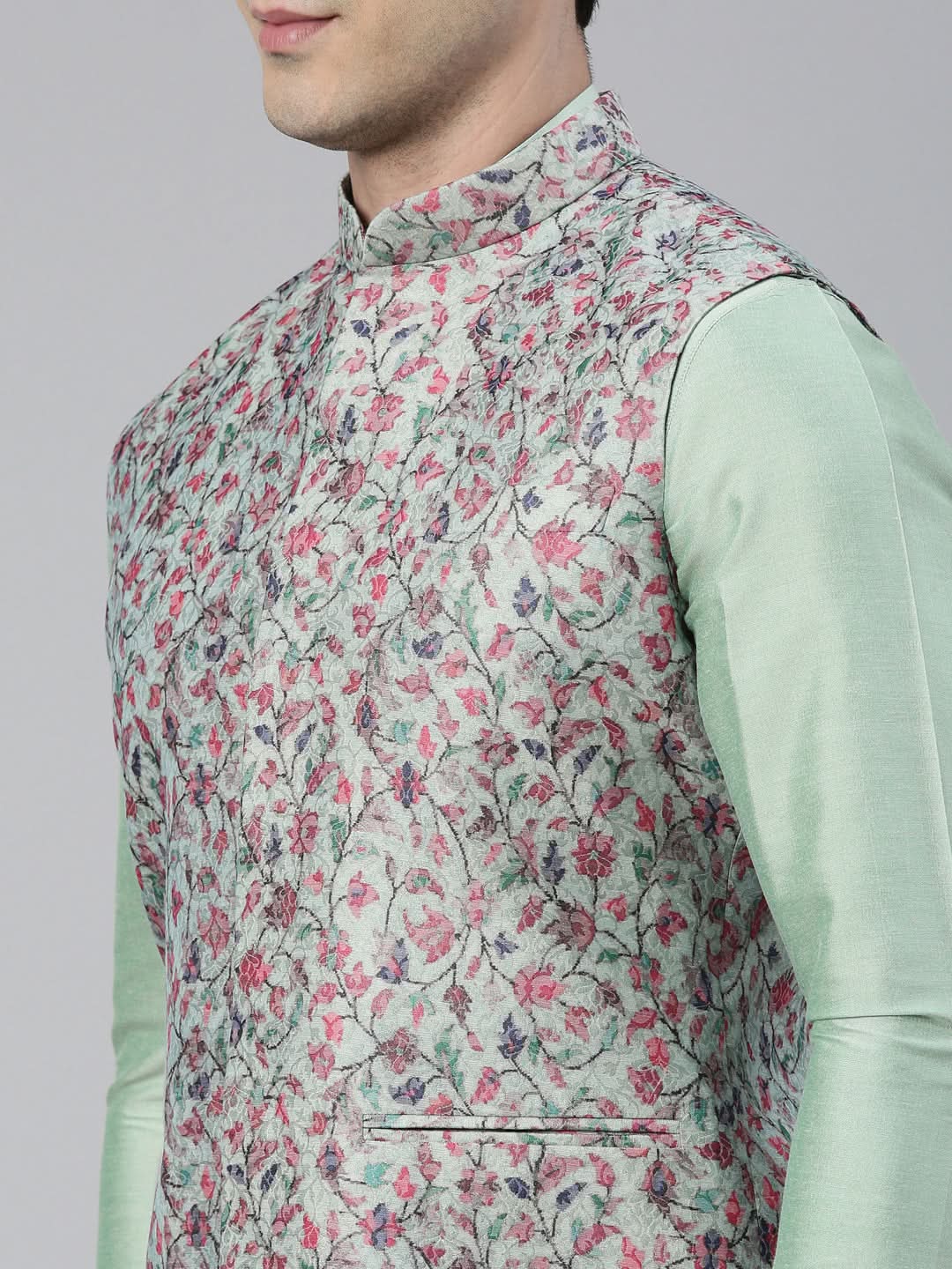 Jade Green Pashmina Print Jacket with Solid Green Short Kurta Set