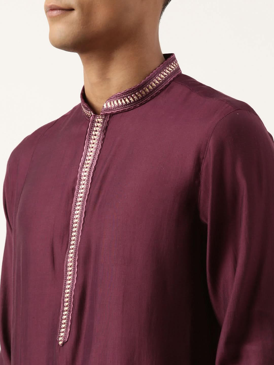 Wine Asymetric Embroidered Kurta Set