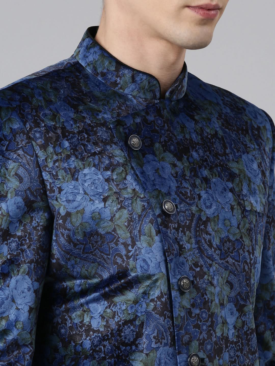 Blue Printed Velvet Angrakha Indowestern