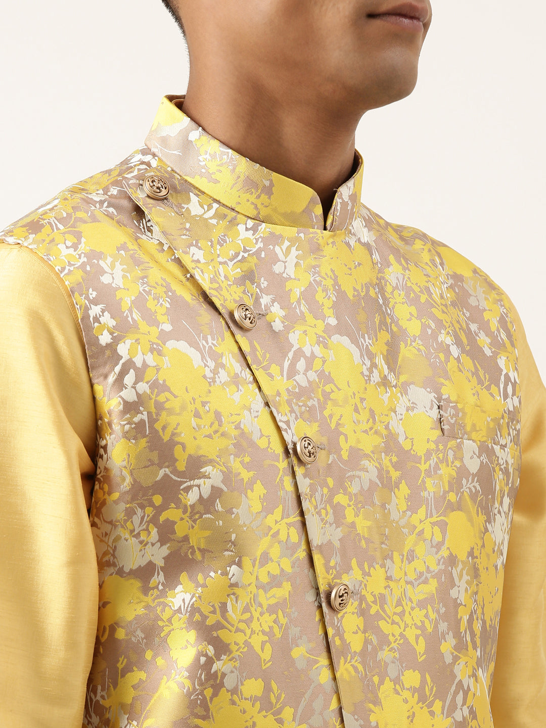 Yellow Floral Jacquard Angrakha Jacket With Beige Kurta