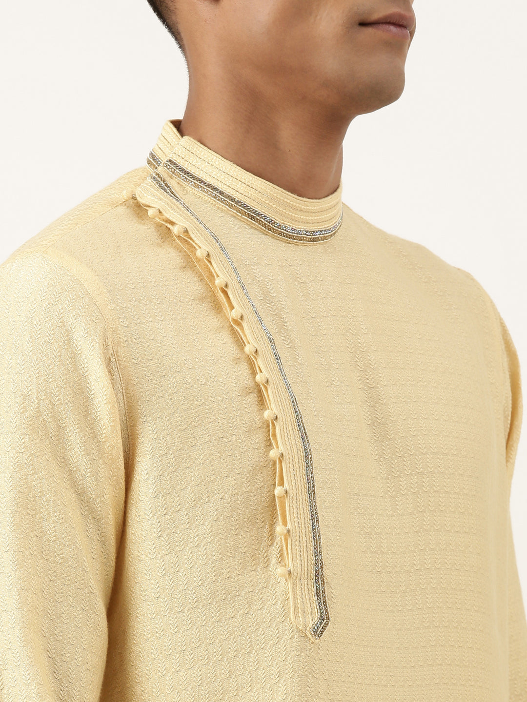 JACQUARD ANGRAKHA STYLE YELLOW KURTA WITH SIDE PLACKET