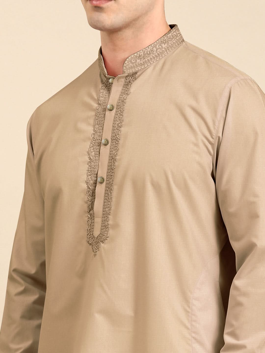 Beige Cotton Dori Embroidered Kurta Set