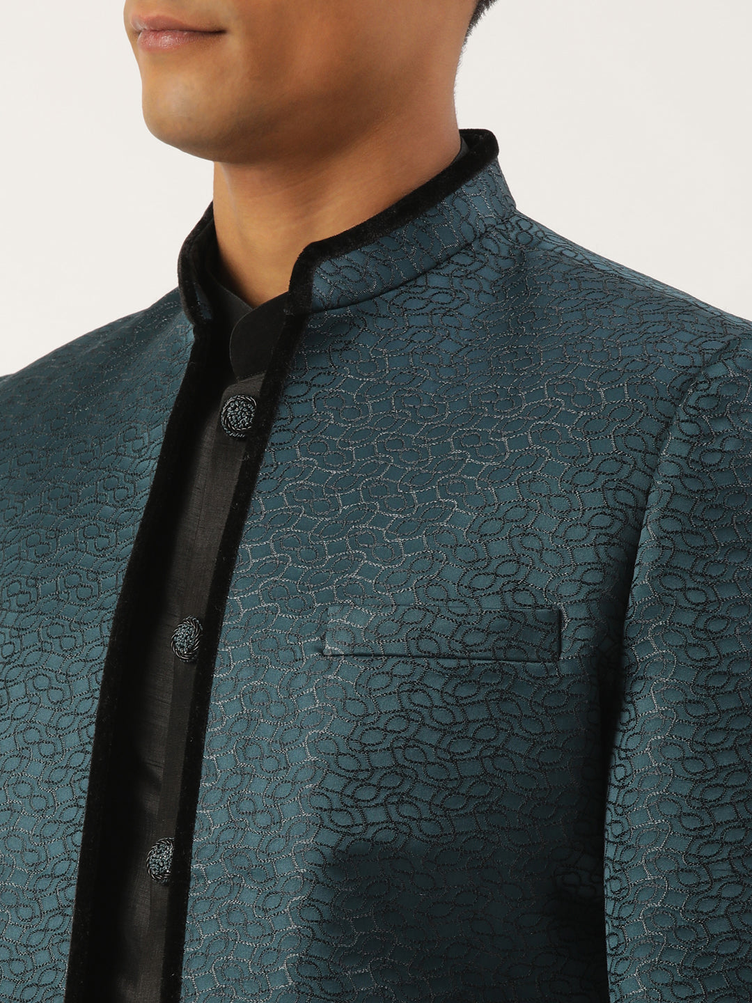 Teal Black Jacquard open Indowestern Set