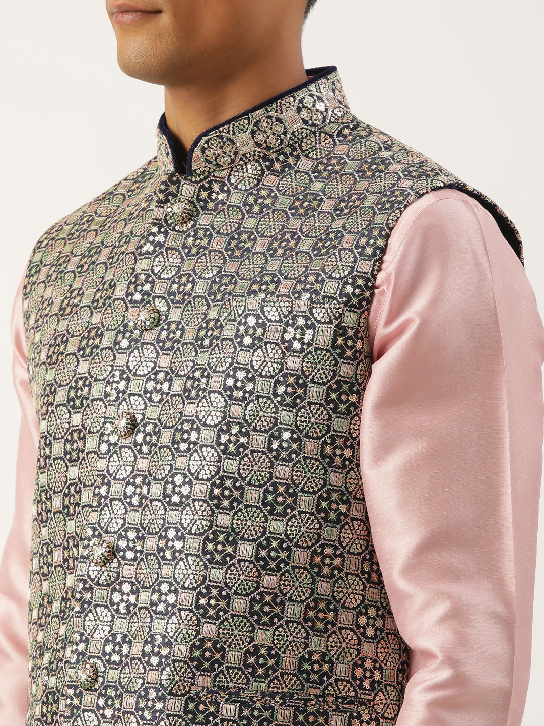 Navy Blue Embroidered Jacket Kurta Set