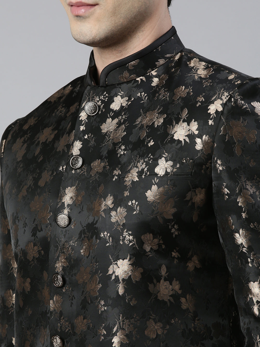 Gold Black Jacquard Indo Western with Black Pant