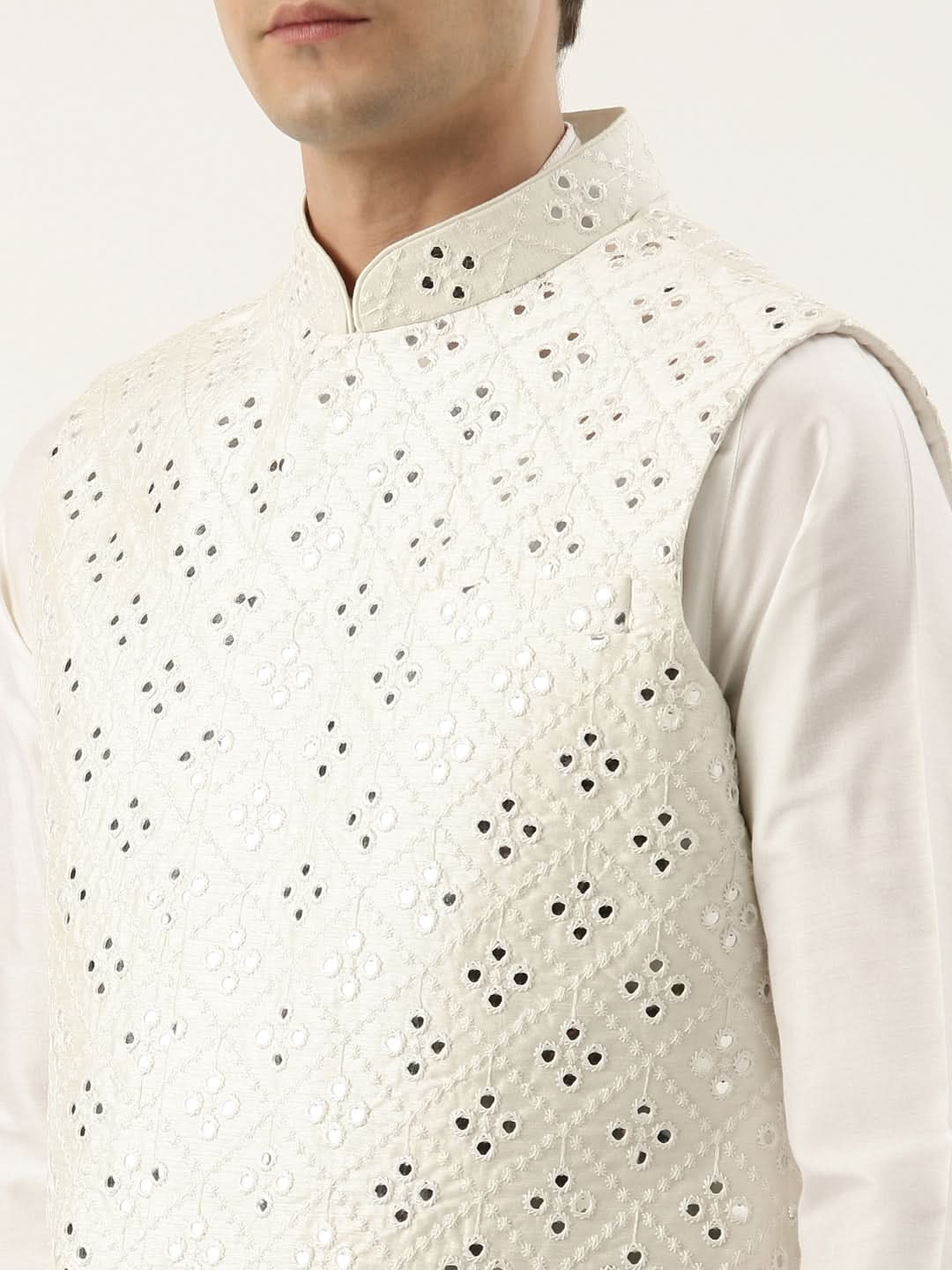 Off White Mirror Embroidered Jacket Kurta Set