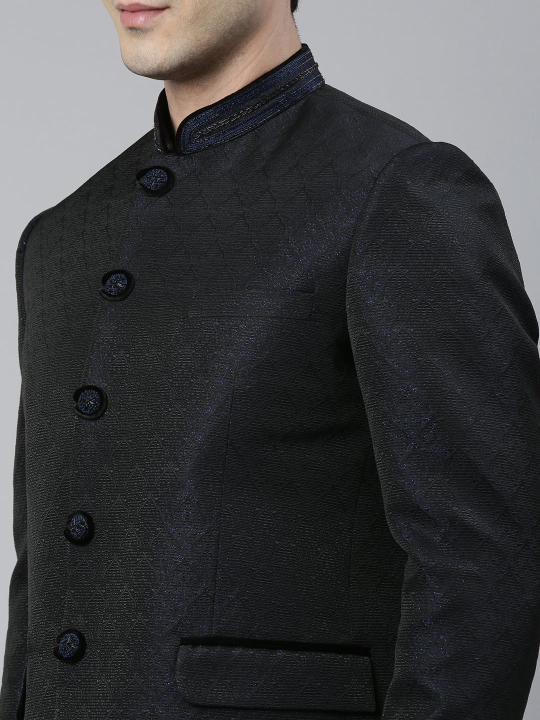 Navy Blue Black Shimmer Bandhgala Set