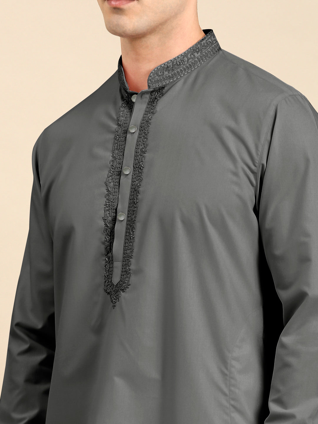Grey Cotton Dori Embroidered Kurta Set