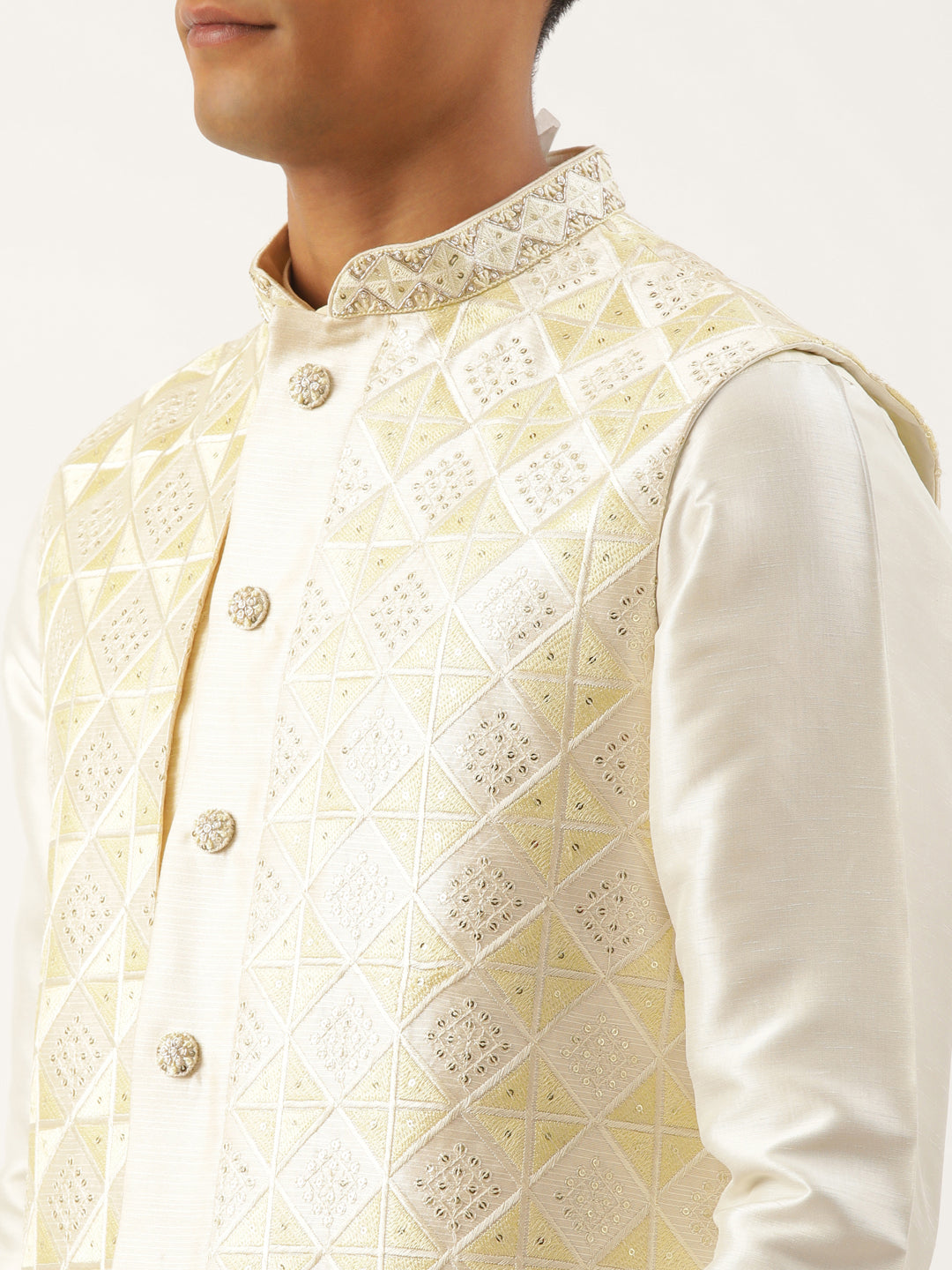 Cream Embroiderd Layered Long Jacket Kurta Set
