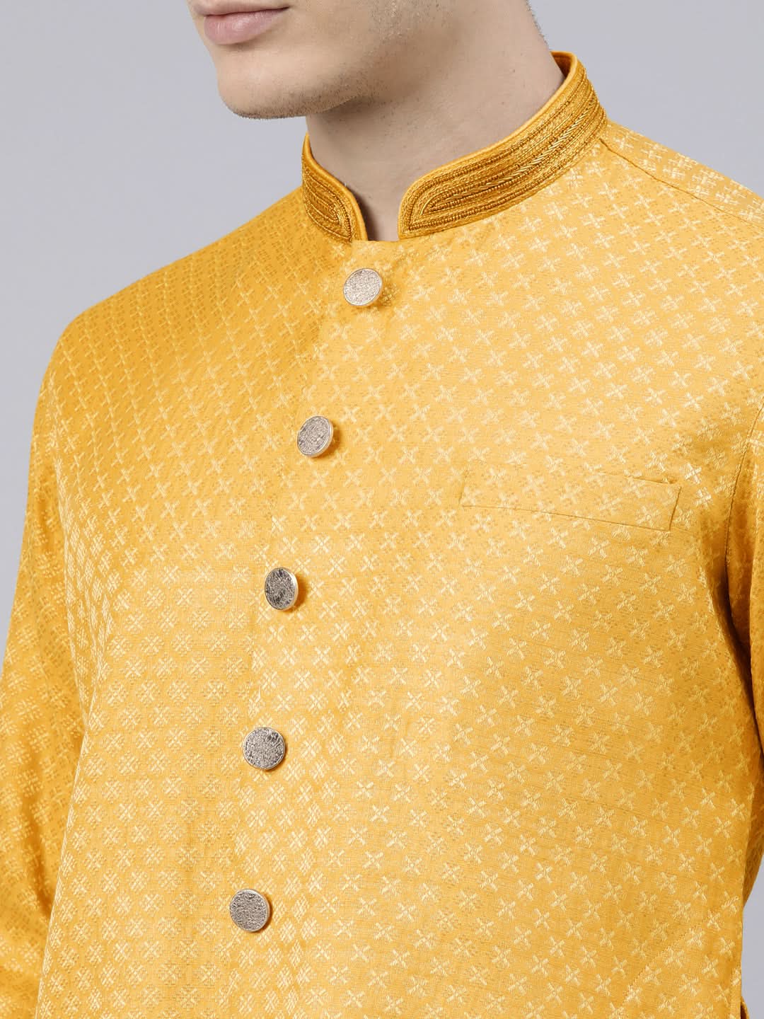 Mustard Diamond Booti Front Open Kurta Set