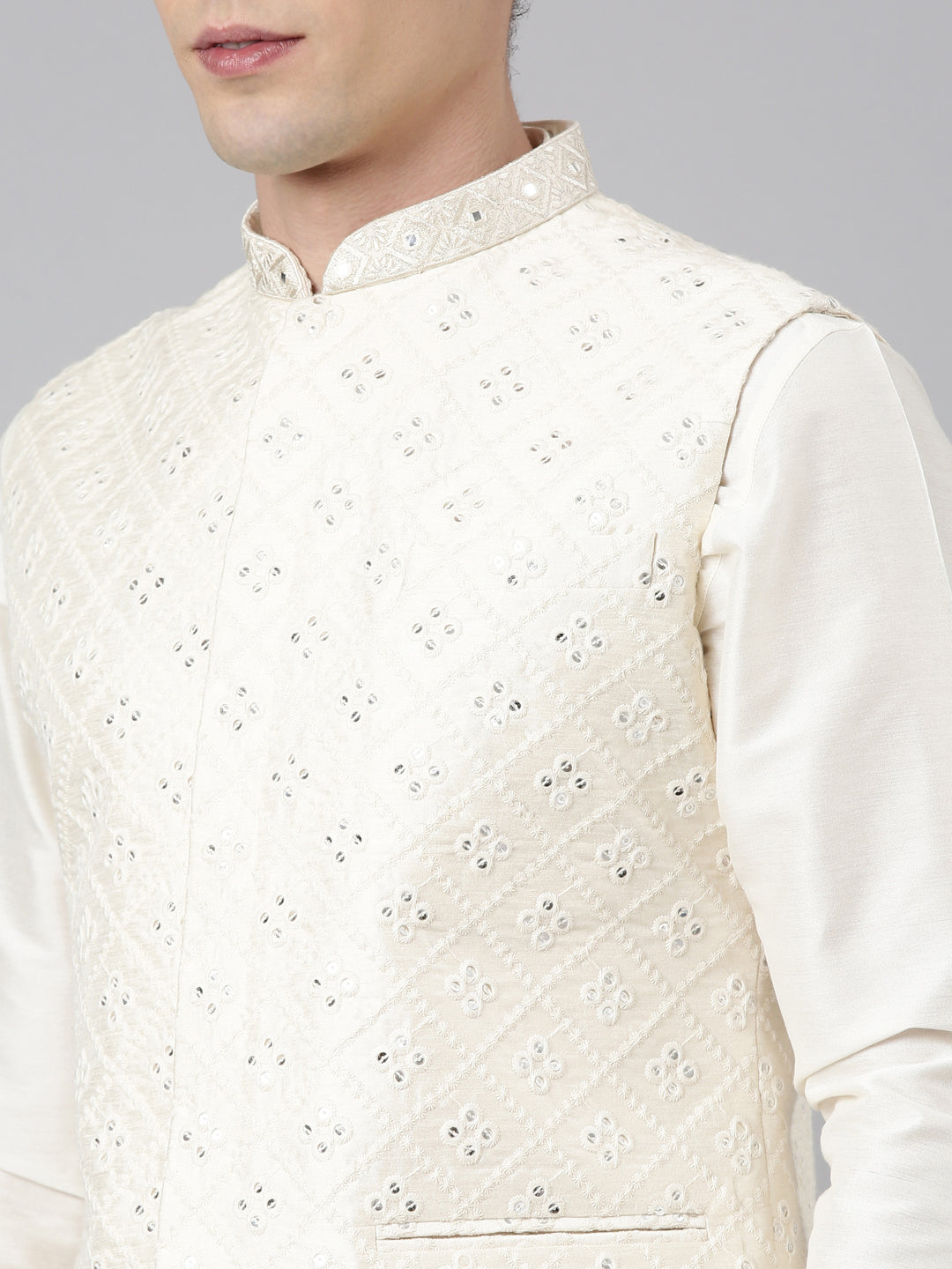 Cream Mirror Embroidery Bundi With Kurta Set