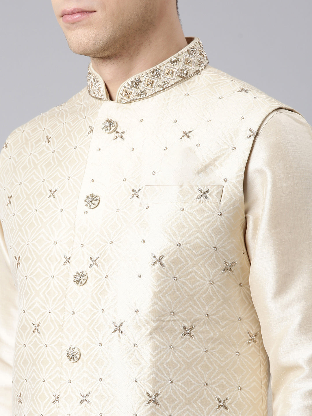 Ivory Gold Jacquard Jacket With Ivory Kurta