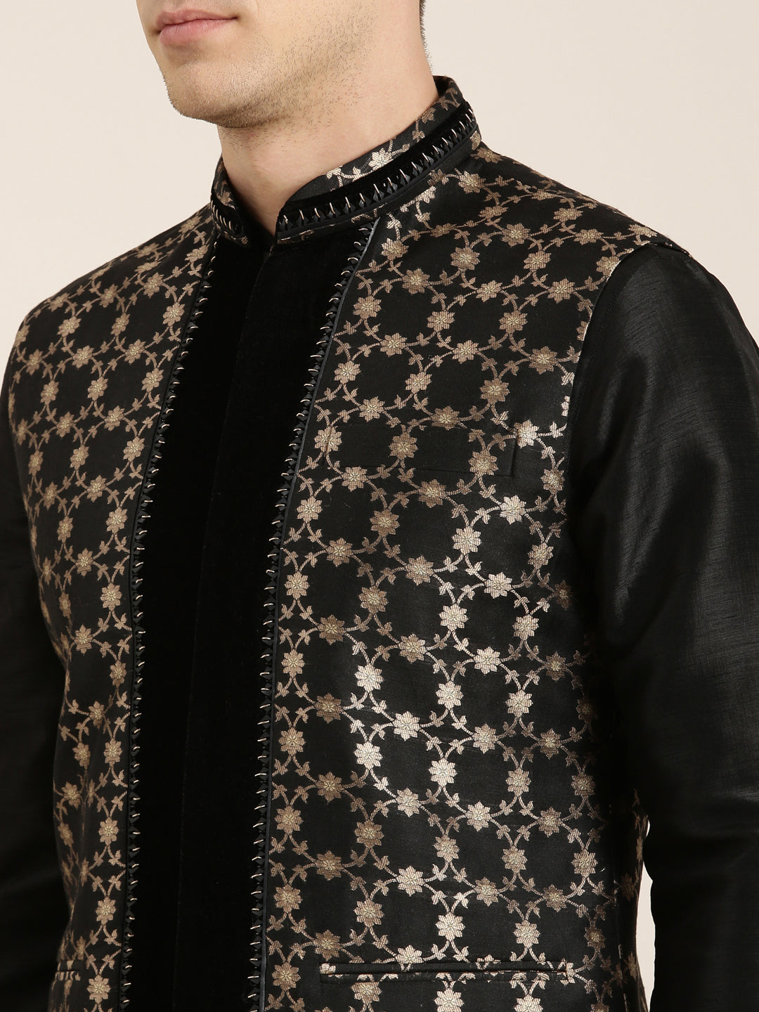 Black Jacquard Layered Jacket Set