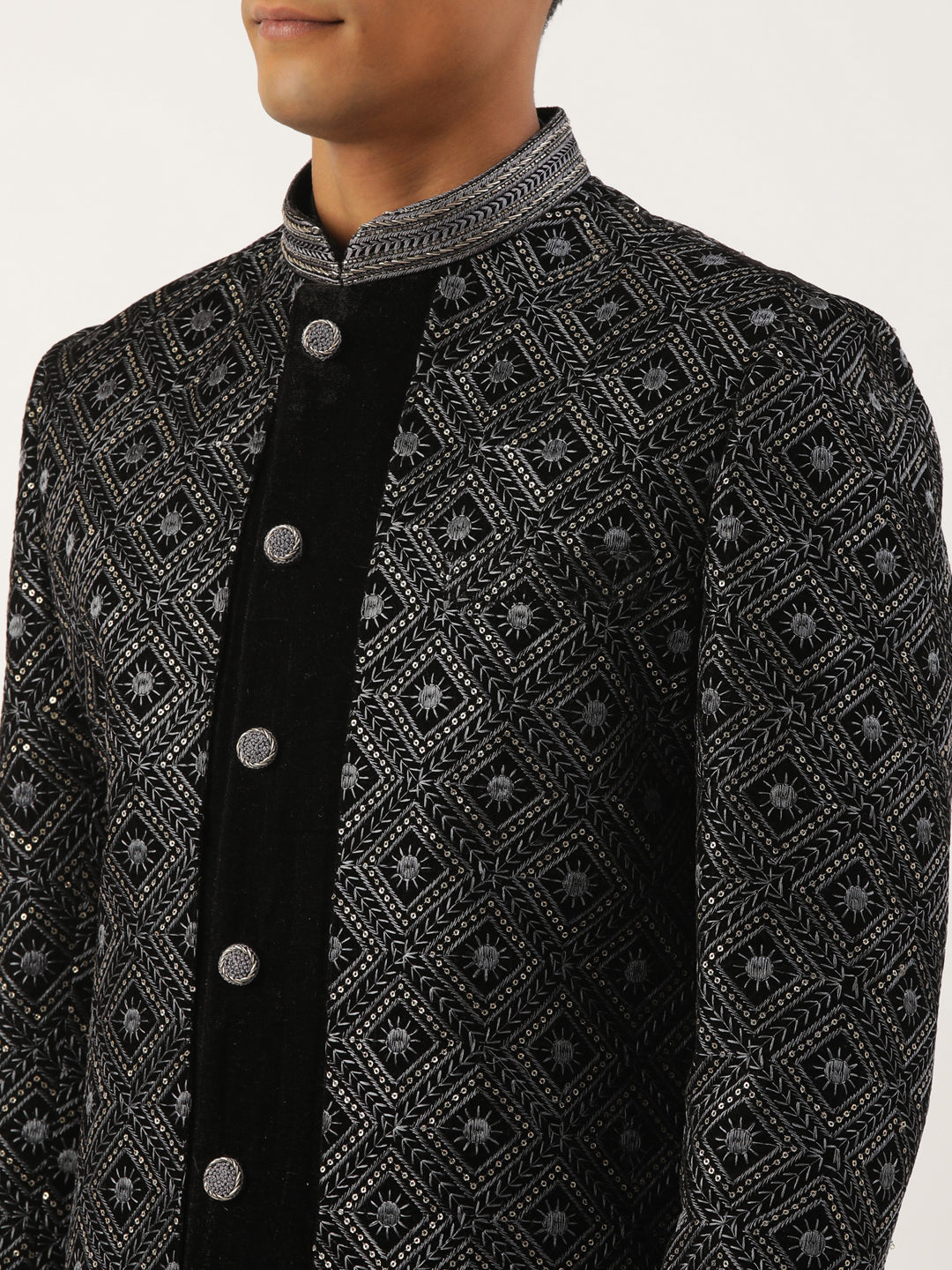 Black Velvet Embroidered Layered Indowestern