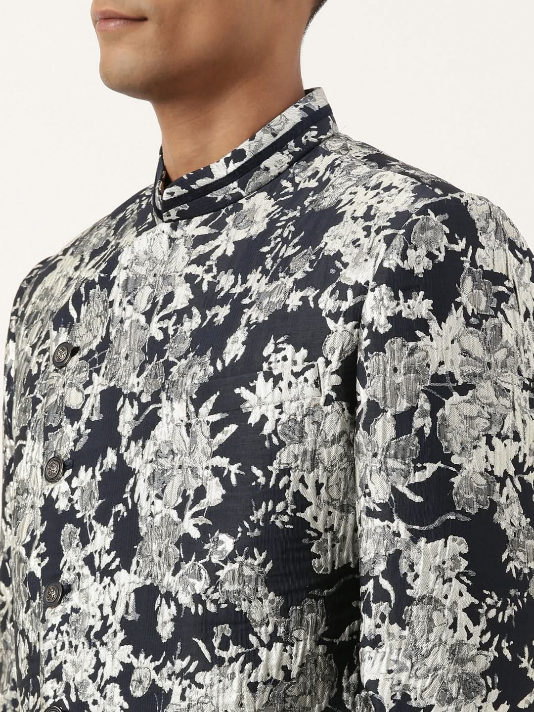 Navy Grey Jacquard Angrakha Indowestern Set