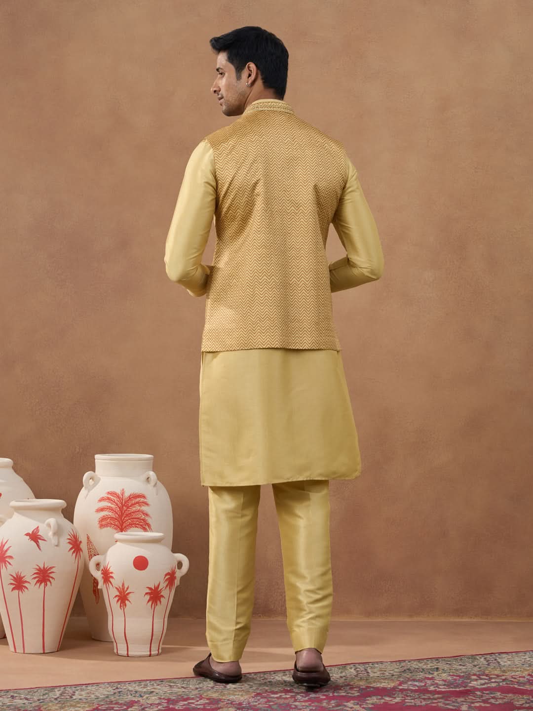 Gold Herringbone Printed Bundi Kurta Set