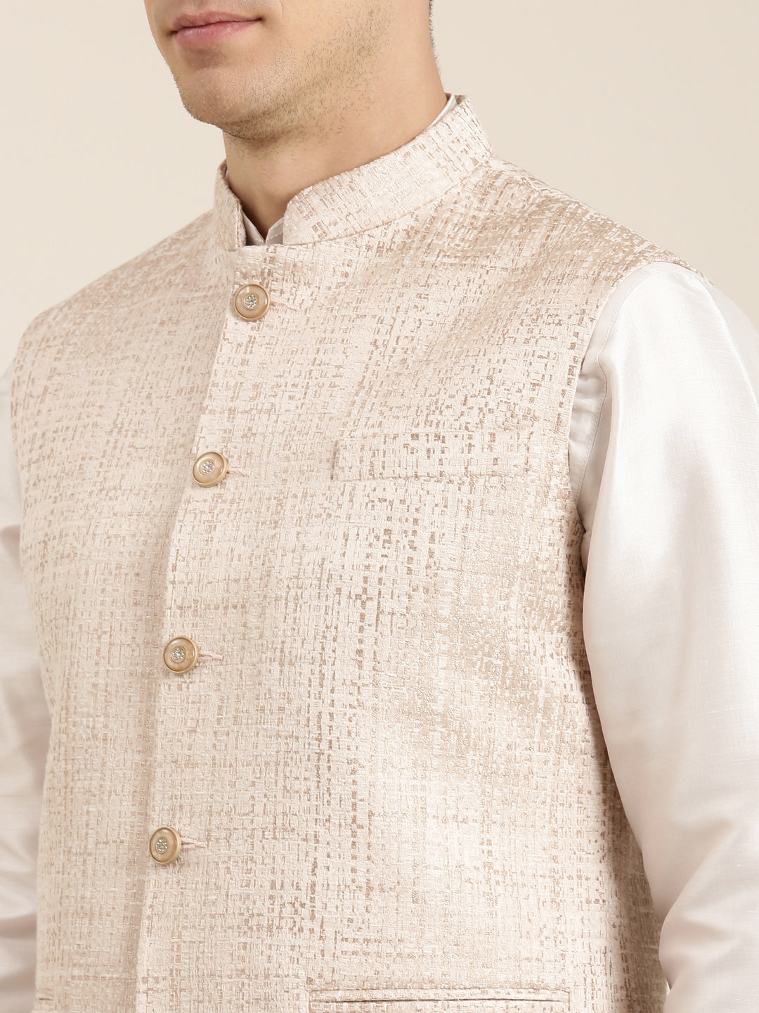 Pink & Gold Checkered Textured Jacket With Gold Kurta