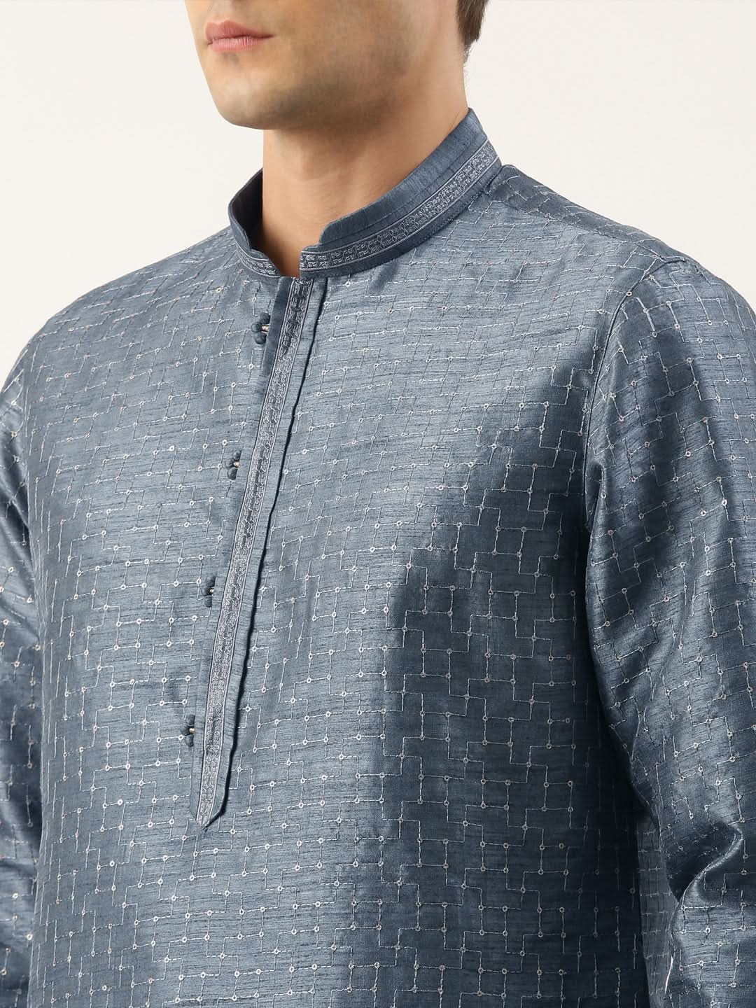 Grey Embroidered Silk Kurta Set