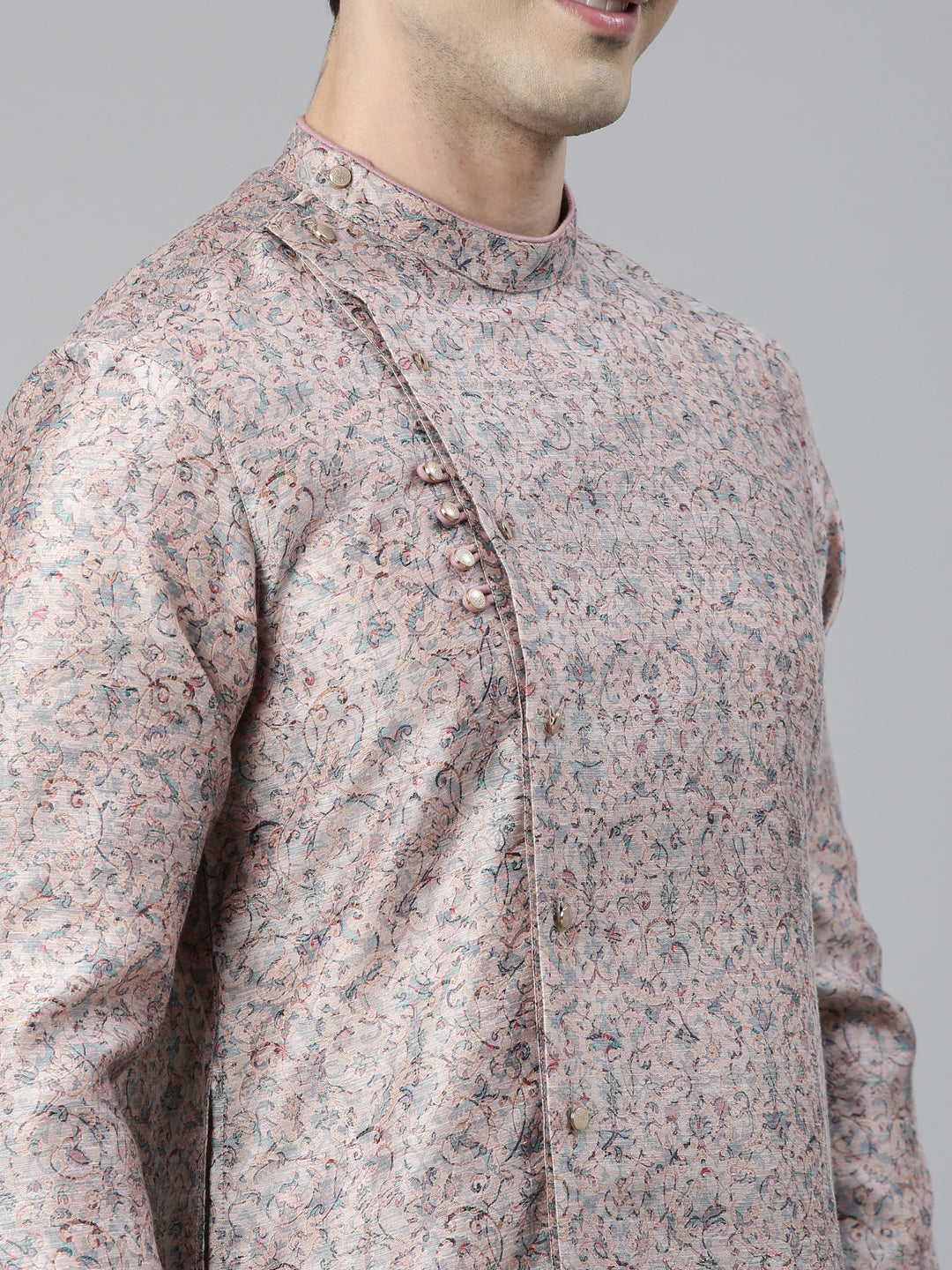 Pink Floral Block Printed Angrakha Chanderi Silk Kurta Set
