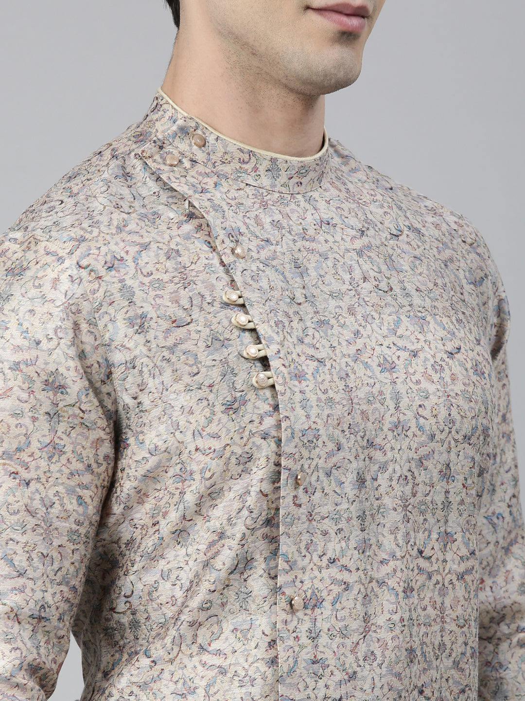 Cream Floral Block Printed Angrakha Full Open Chanderi Silk kurta set