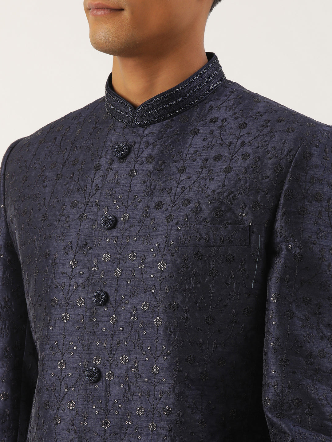Navy Silk Embroidered Indowestern Set