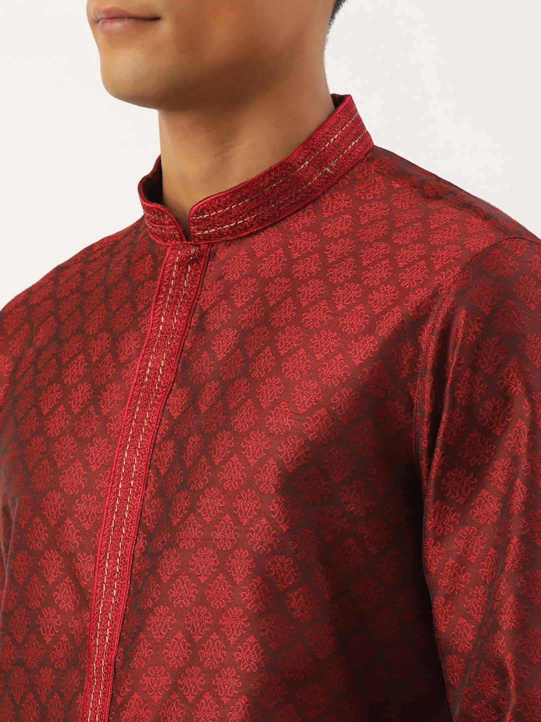 Maroon Jacquard Embroidered Kurta Set