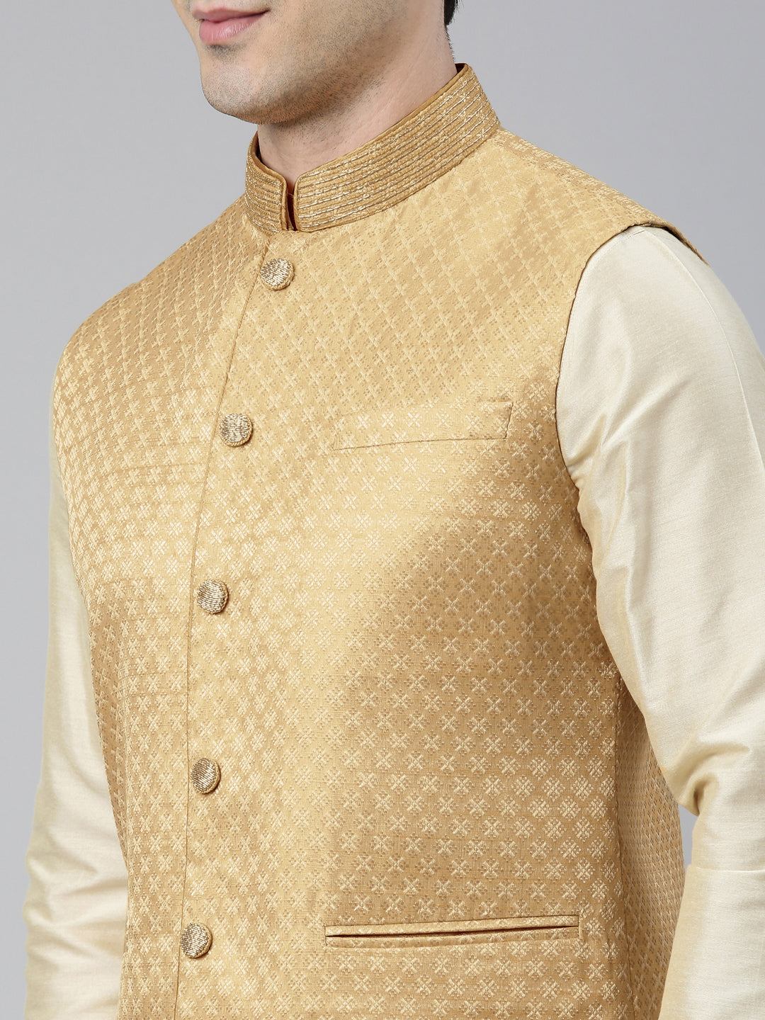 Beige Geometric Jacquard Jacket With Kurta Set