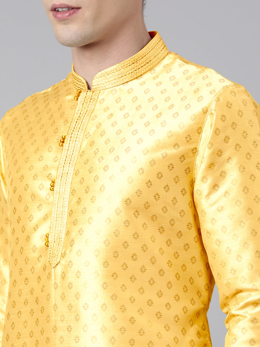 YELLOW SILK GOLD PRINTED KURTA SET