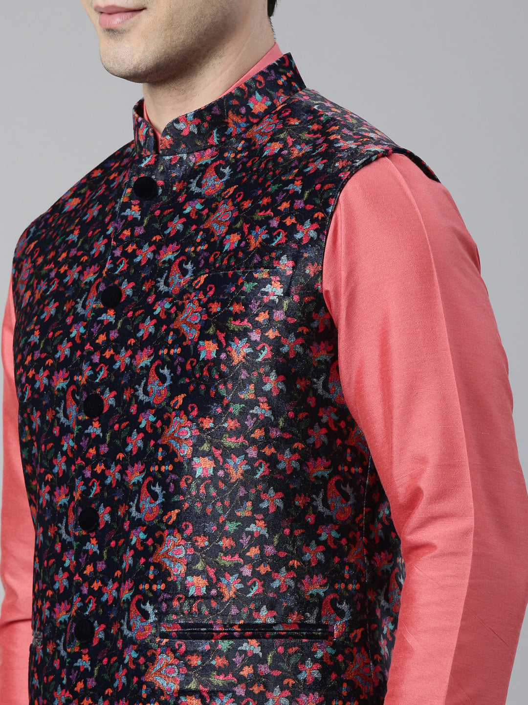 Midnight Blue Velvet Pashmina Printed Jacket With Pink Kurta