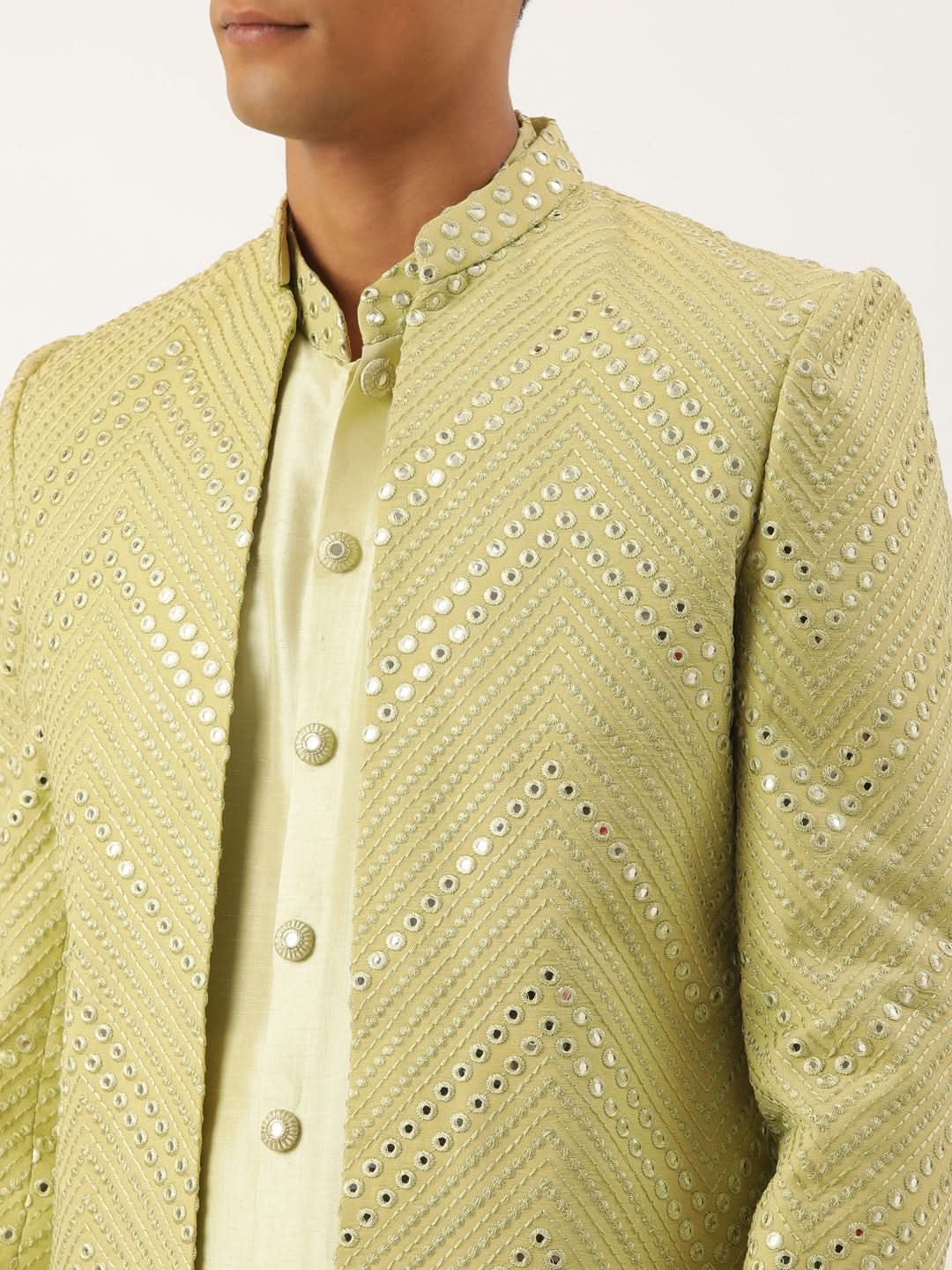 Pistachio Mirror Embroidered Indowestern With Kutra