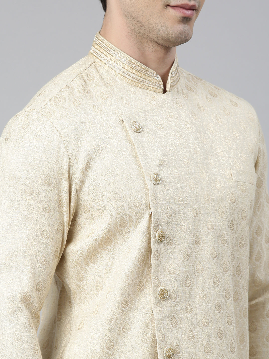 Ivory Gold Brocade Silk Open Kurta Set