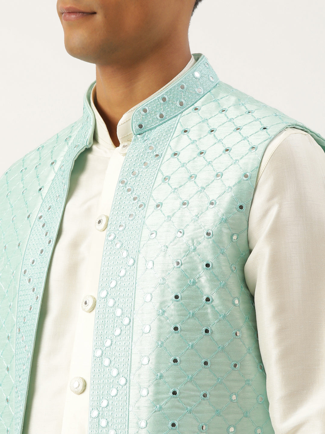 Turquise Mirror Embroidery open Jacket Kurta Set