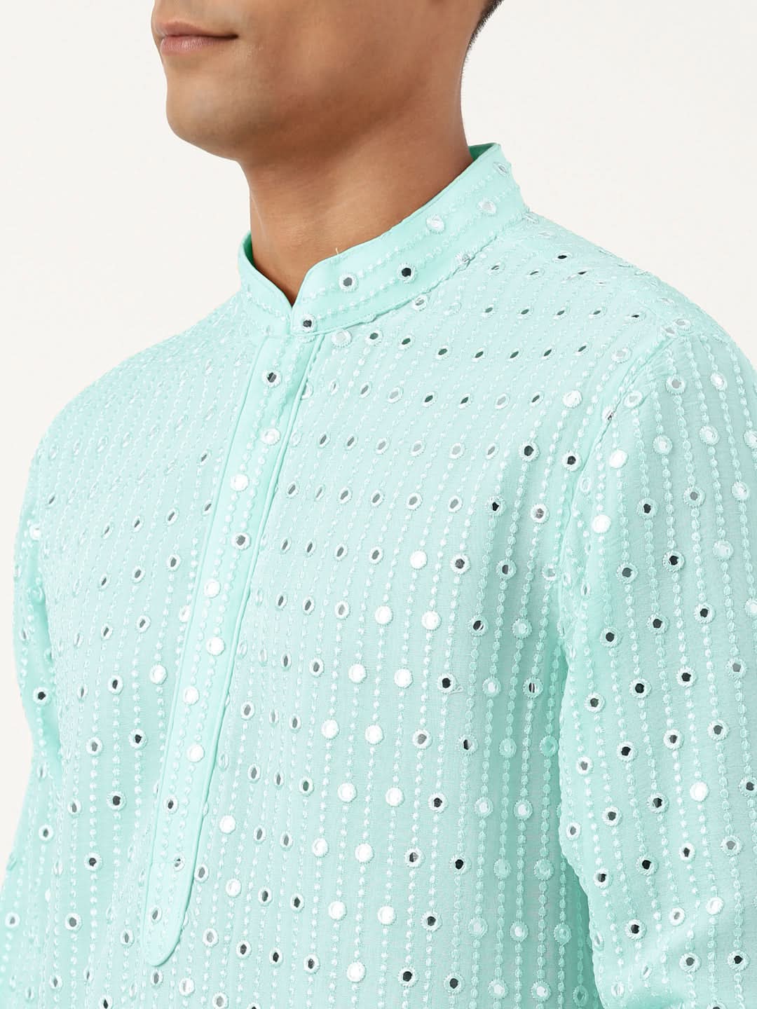 Aqua Blue Mirror Embroidered Gerogette Kurta Set