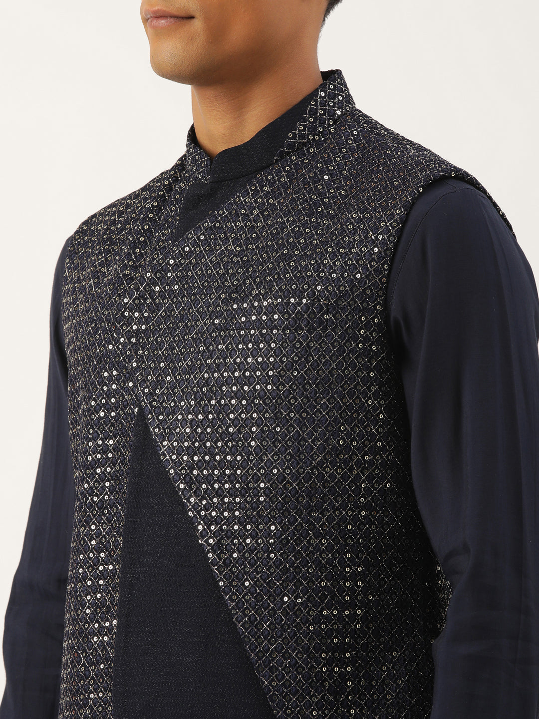 Navy Embroidered Jacket Kurta Set