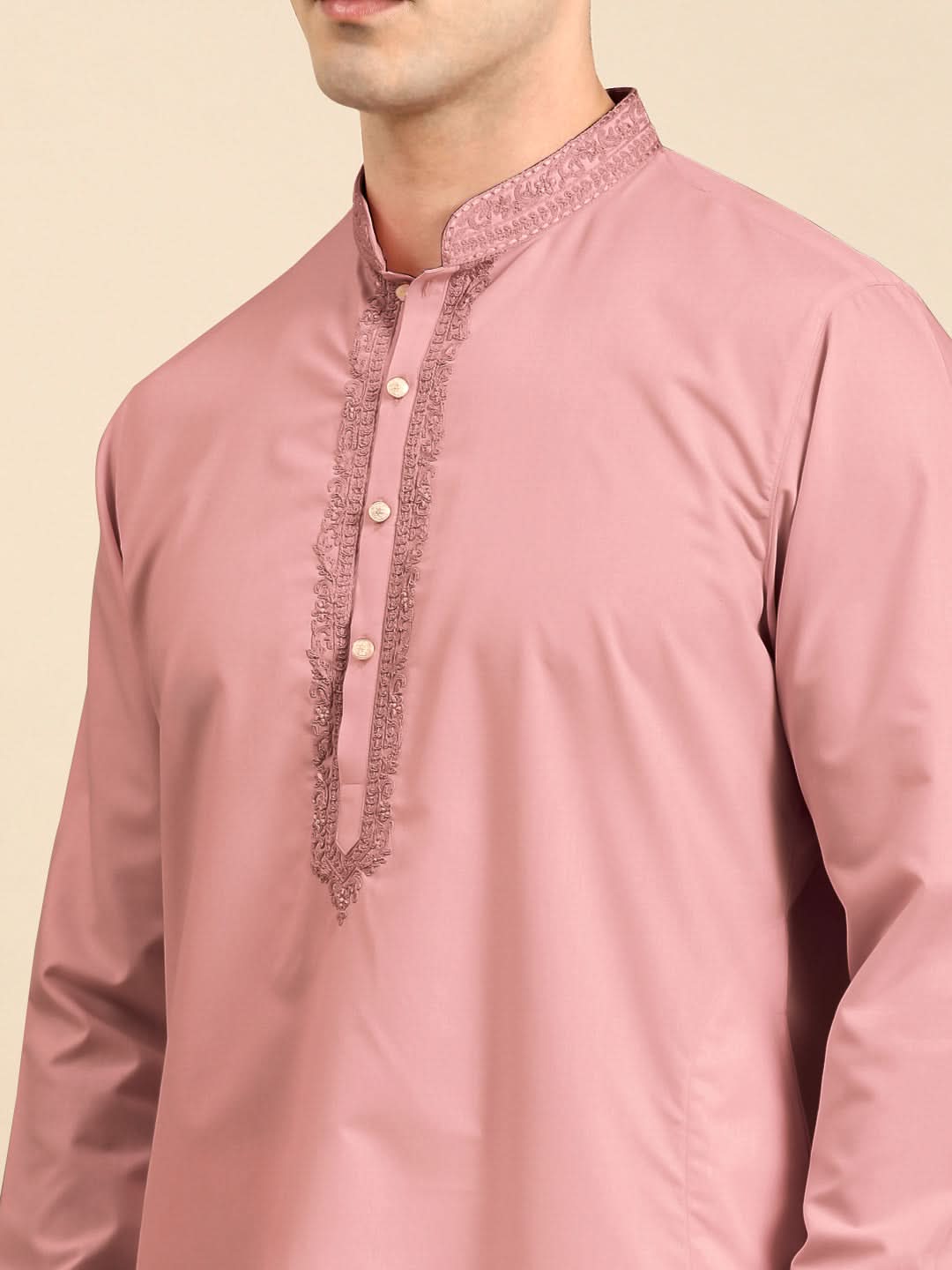 Rose Pink Cotton Dori Embroidered Kurta Set