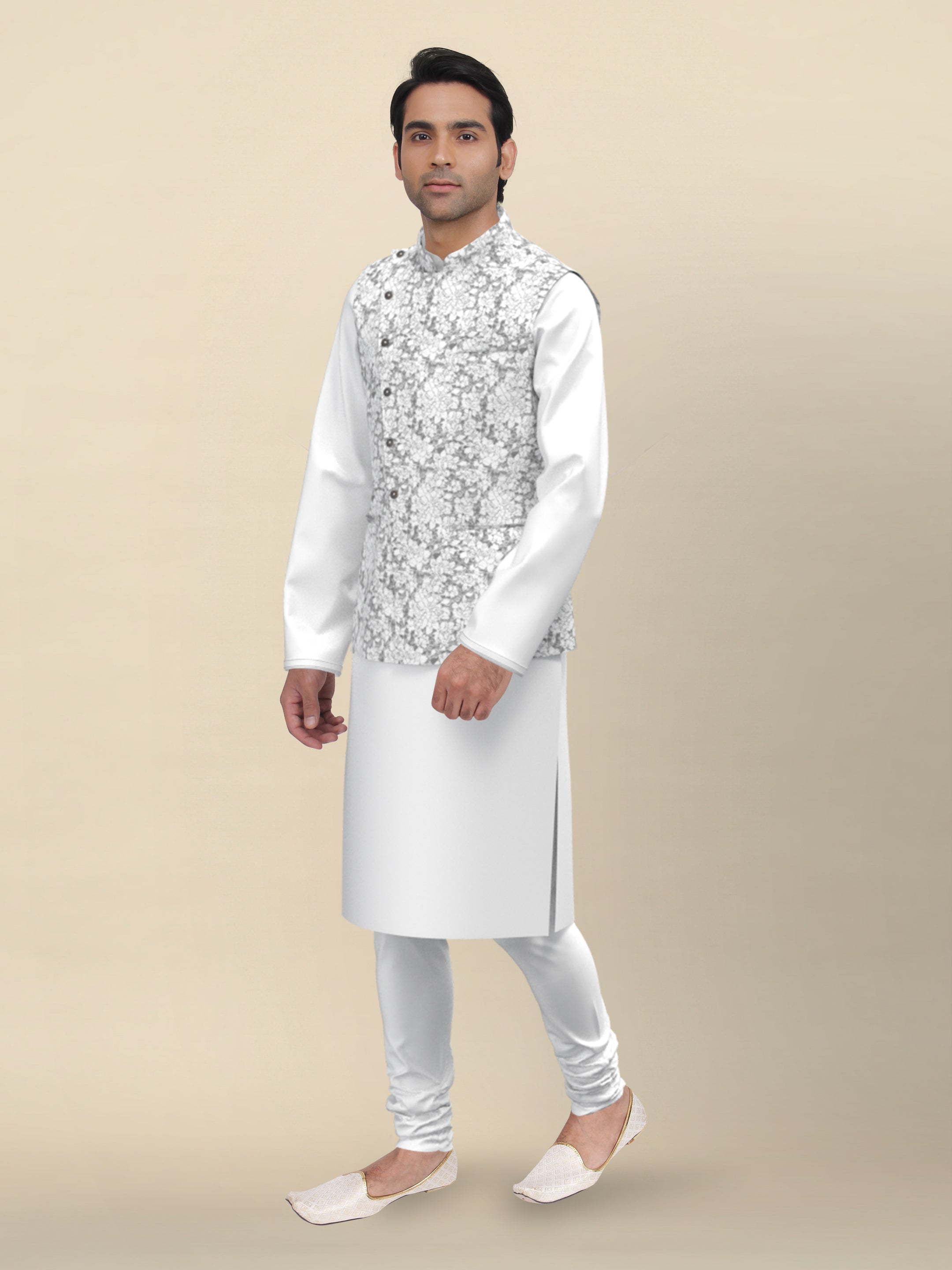 Grey Textured Jacket with White Kurta