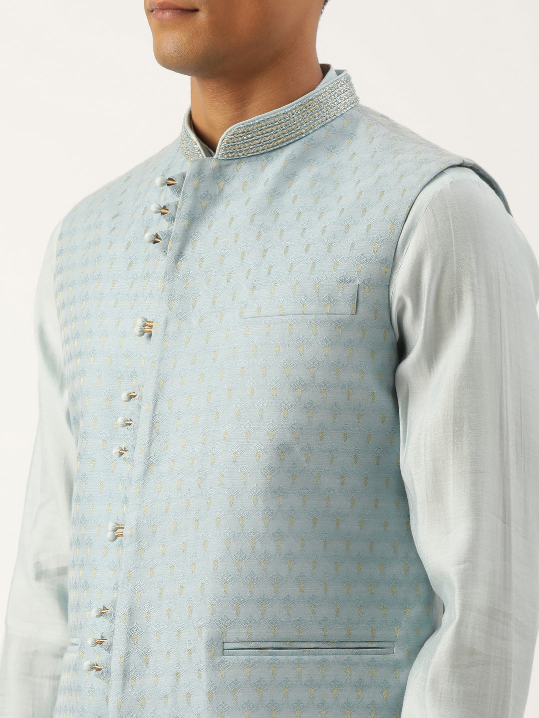 Light Blue Banarasi Jacquard Jacket with Kurta Set