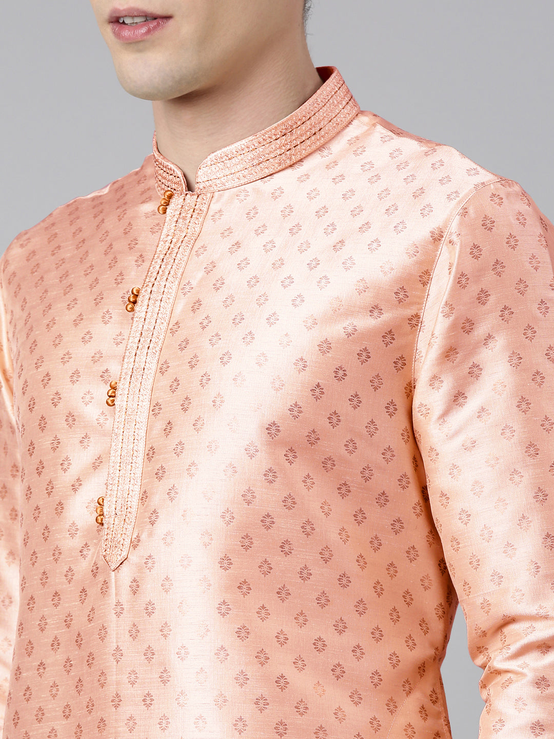 PEACH SILK GOLD PRINTED KURTA SET