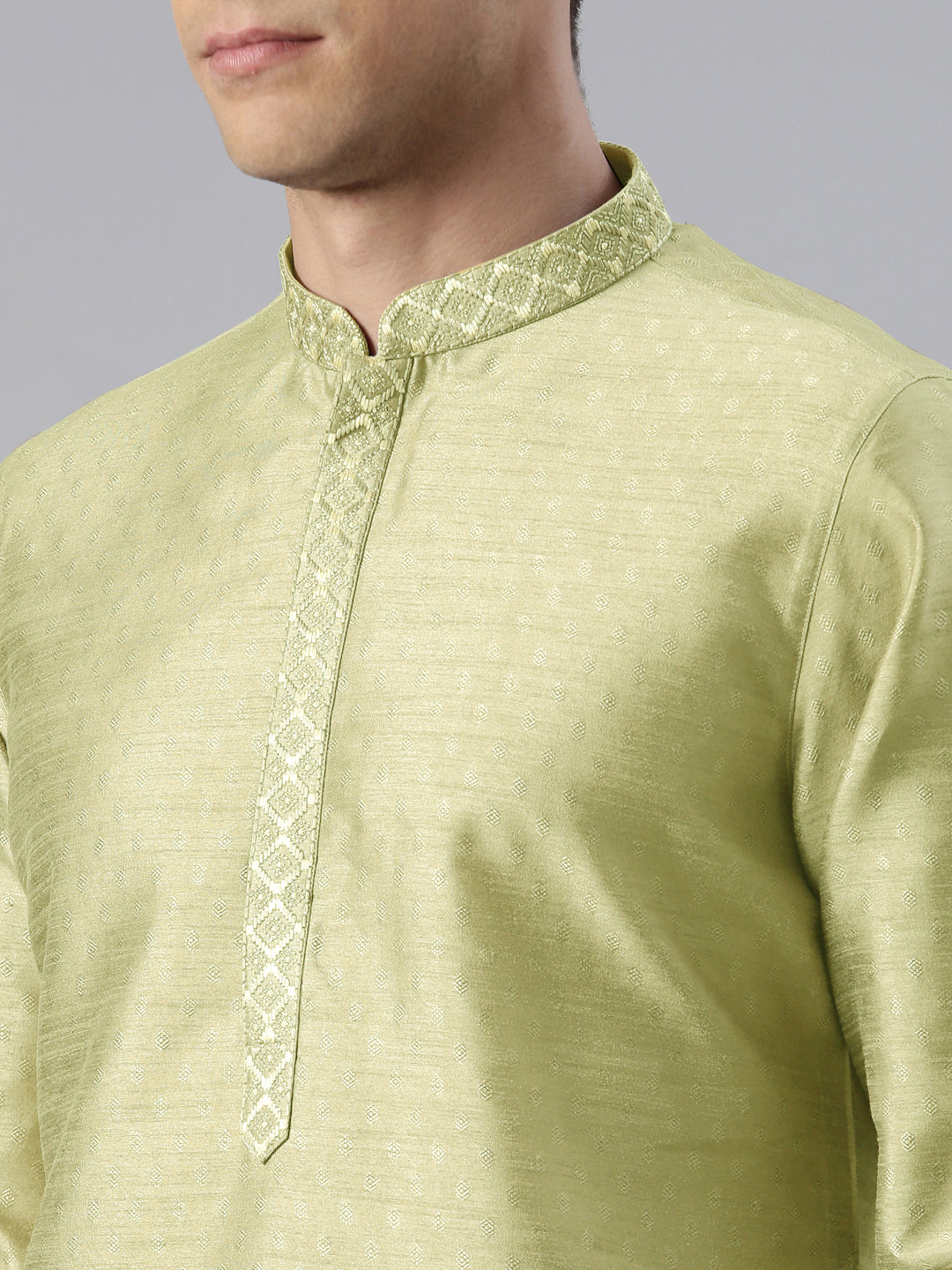 Dusty Green Self Jacquard Art Silk Embroidered Kurta Set