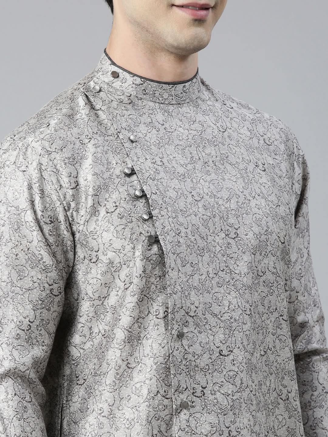 Grey Block Printed Angrakha Style Chanderi Silk kurta set