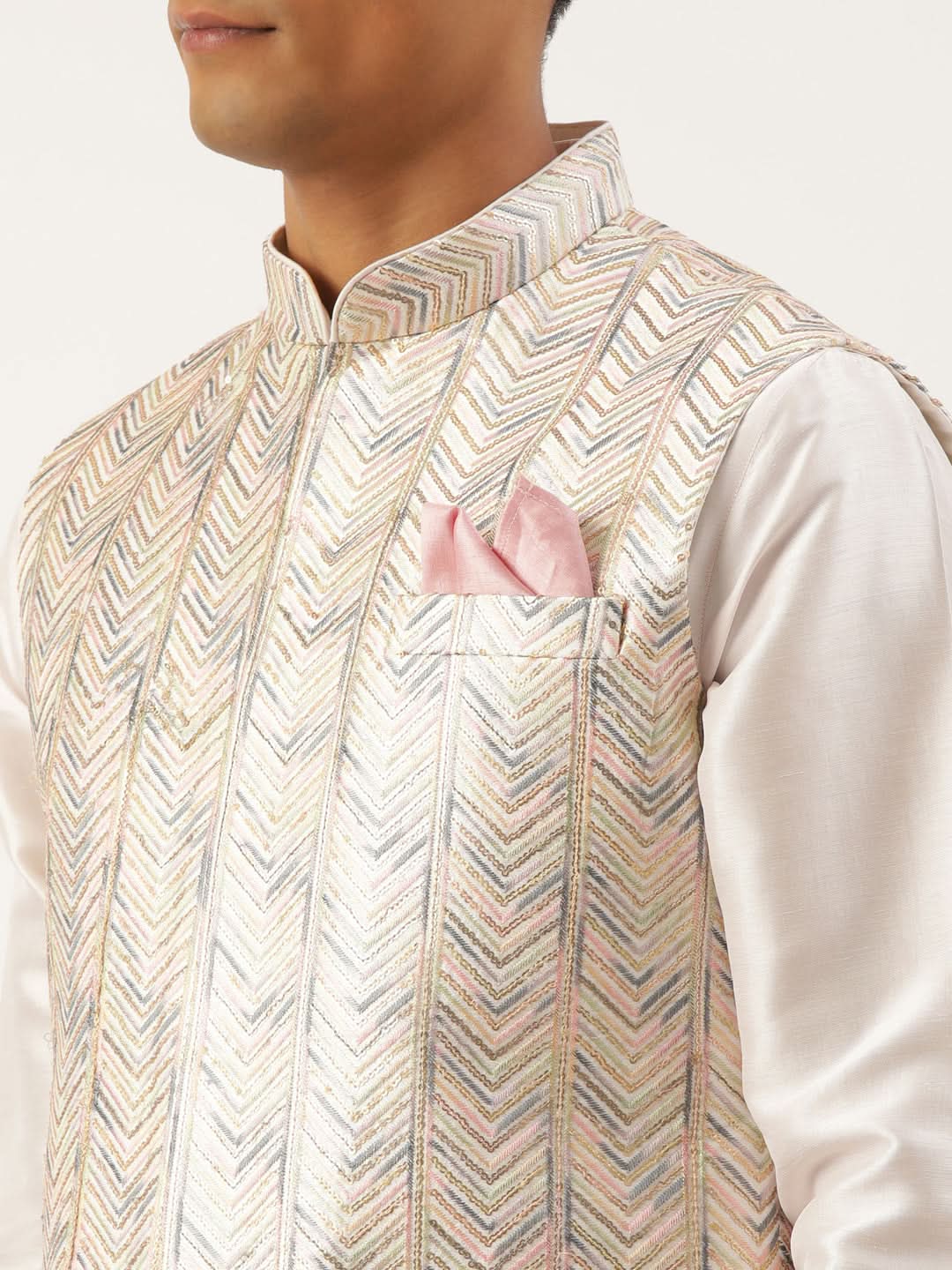 White Multi Color Embroidered Jacket Kurta Set