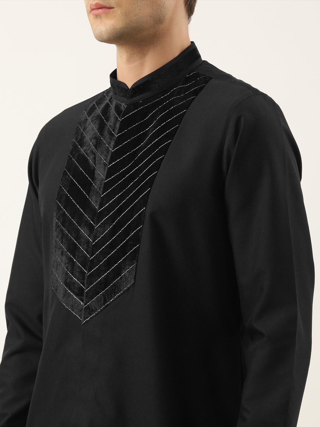 Black Cotton With Velvet Detailing Kurta Set