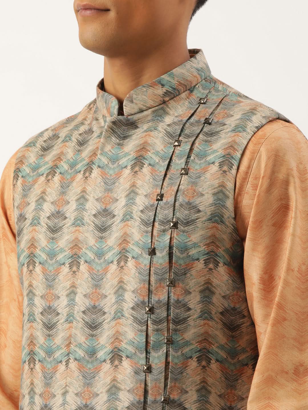 Beige Pleated Bundi With Kurta Set