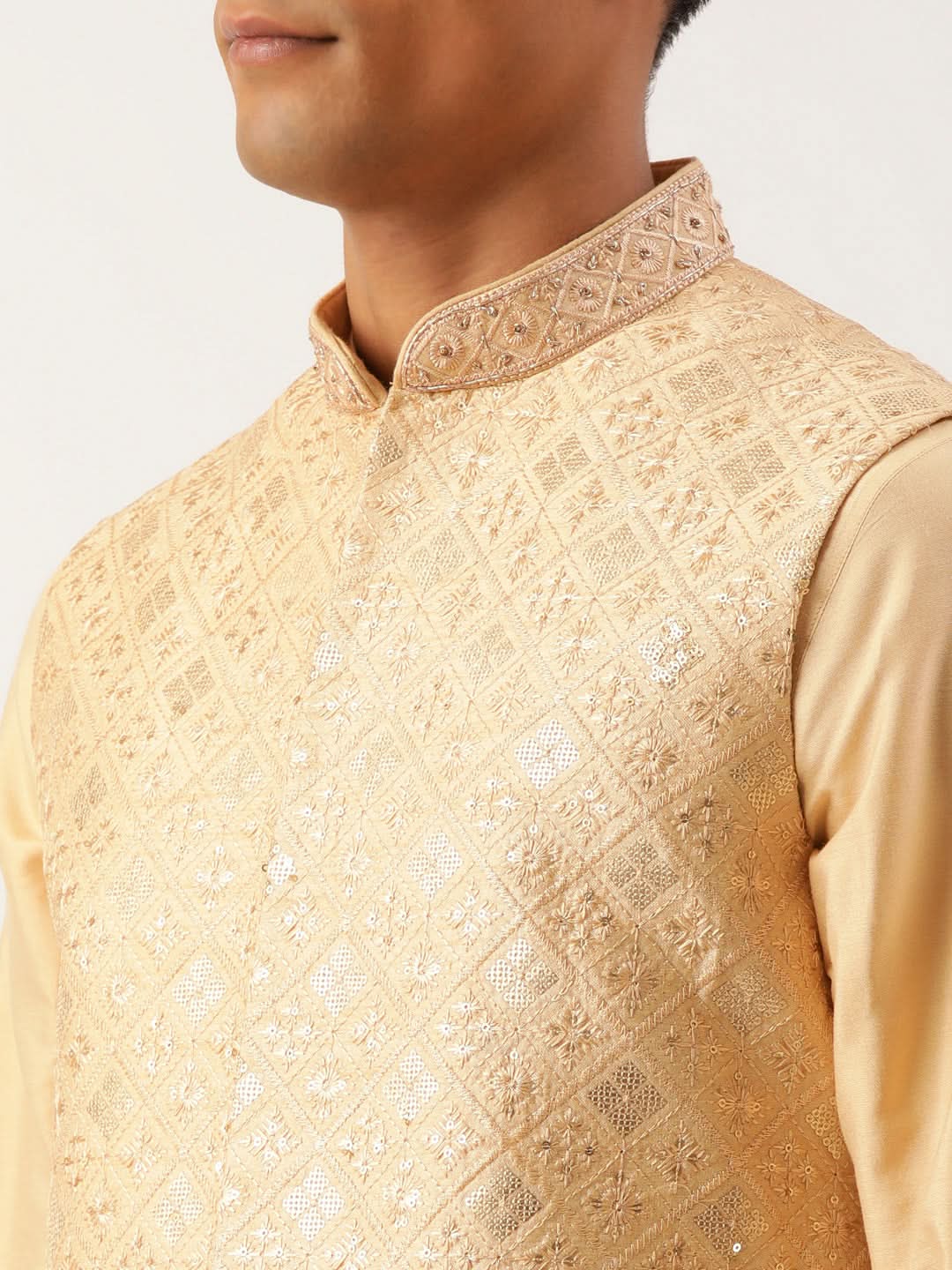 Beige Embroidered jacket kurta set