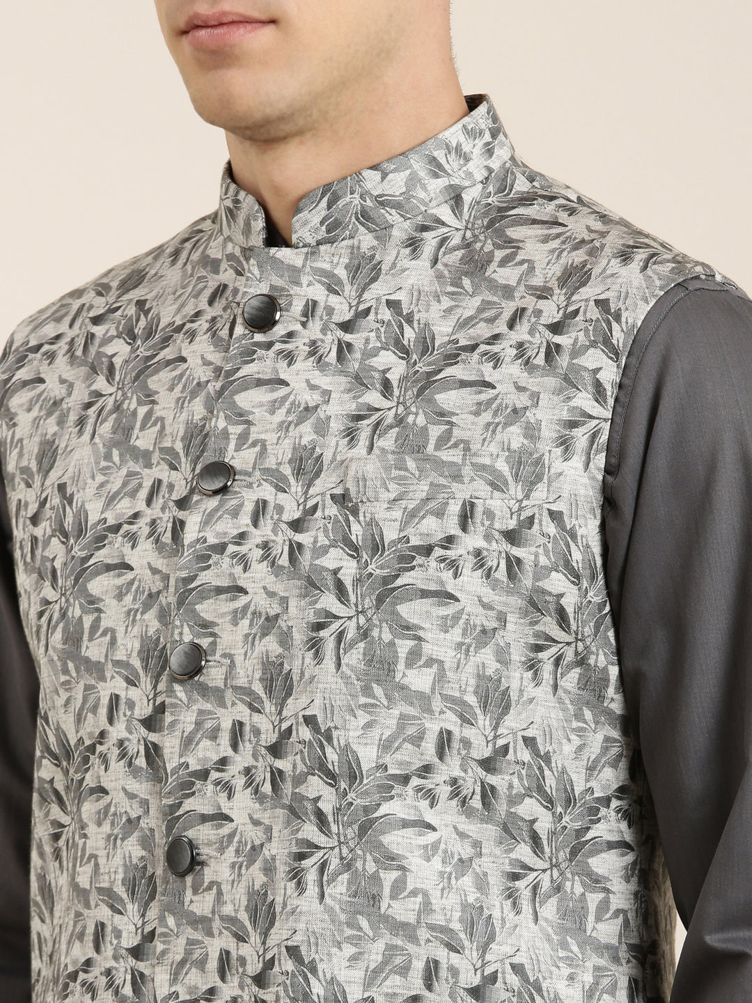 Grey Linen Printed Jacket Kurta Set