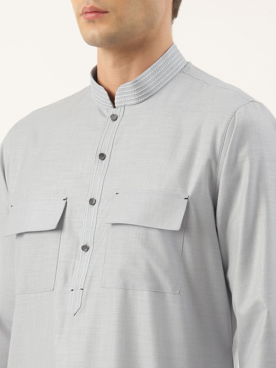 Grey Pure Cotton Pathani Kurta Set with Patch Pocket