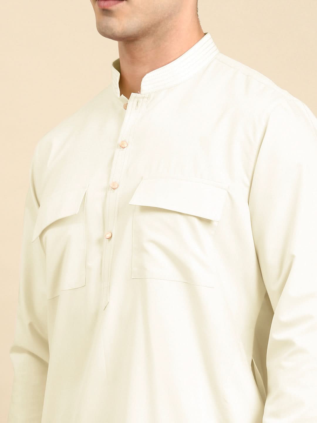 Cream Pure Cotton Pathani Kurta Set with Patch Pocket