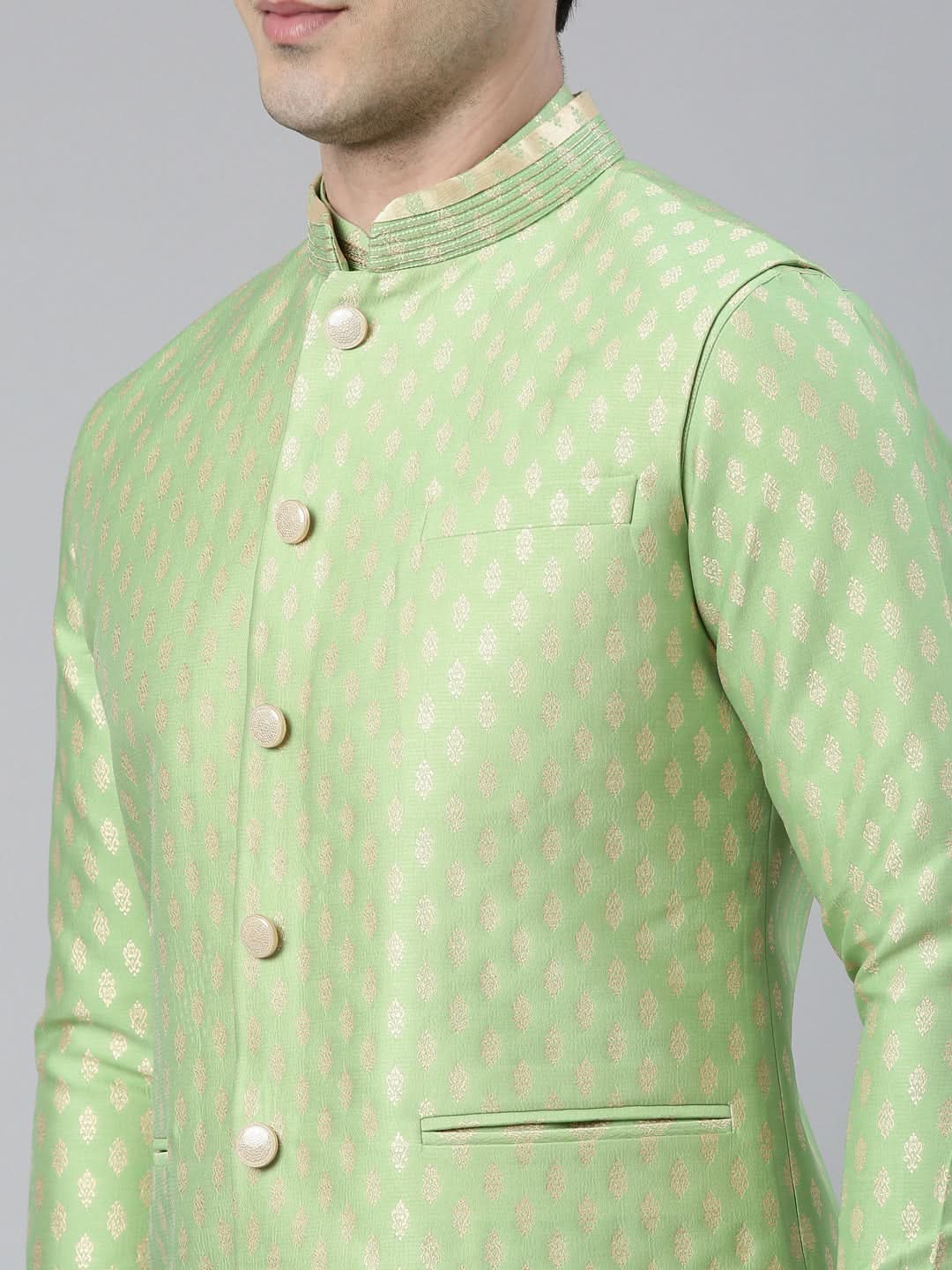 Mint Green Banarasi Jacquard Jacket And Kurta Set